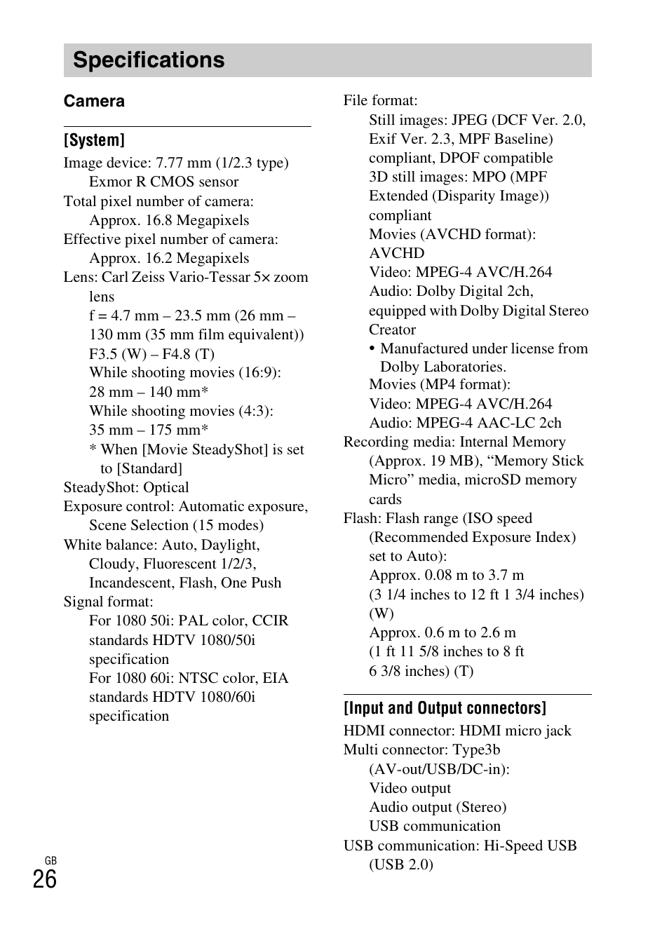 Specifications | Sony DSC-TX55 User Manual | Page 26 / 64