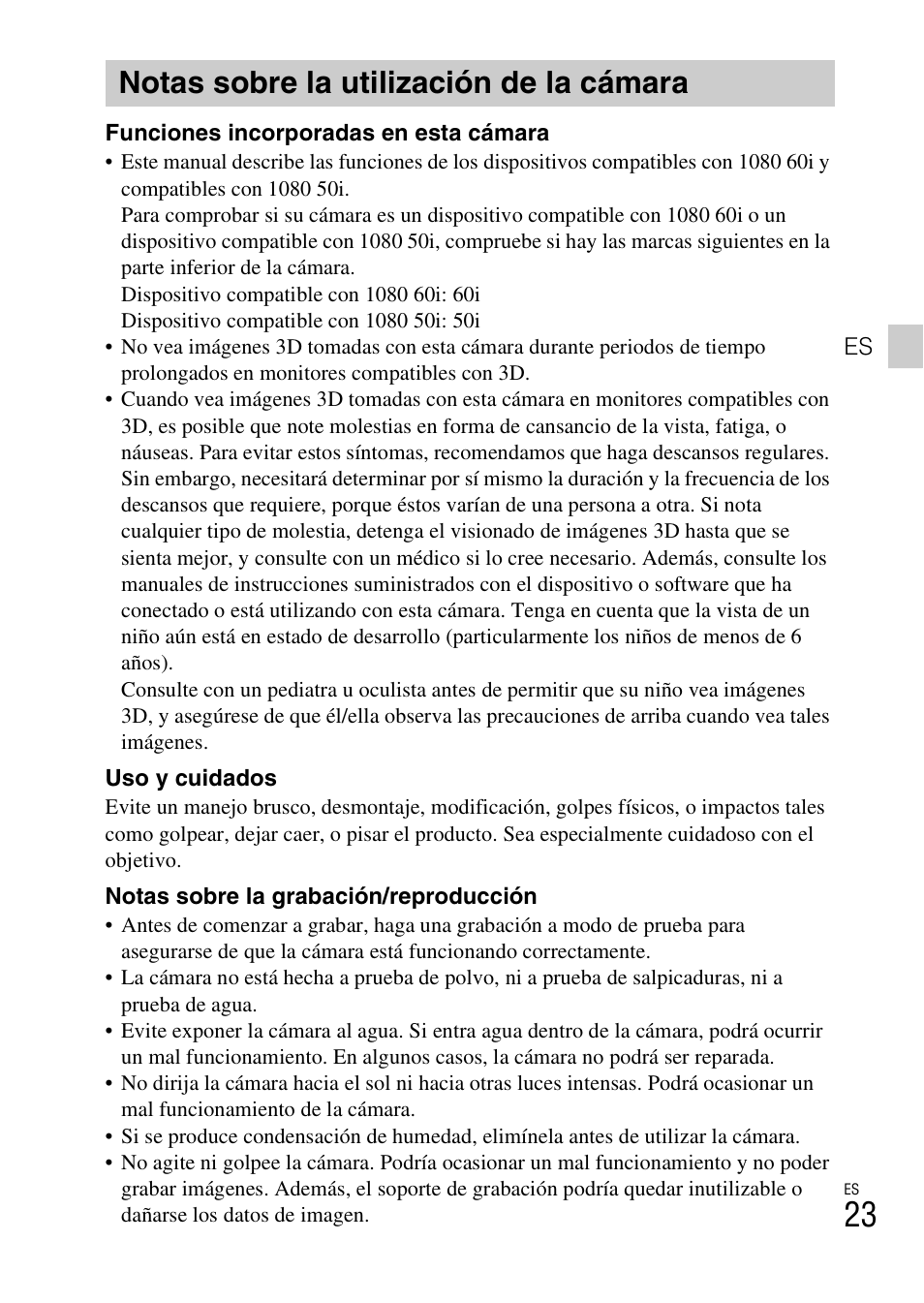 Notas sobre la utilización de la cámara | Sony DSC-TX55 User Manual | Page 51 / 64