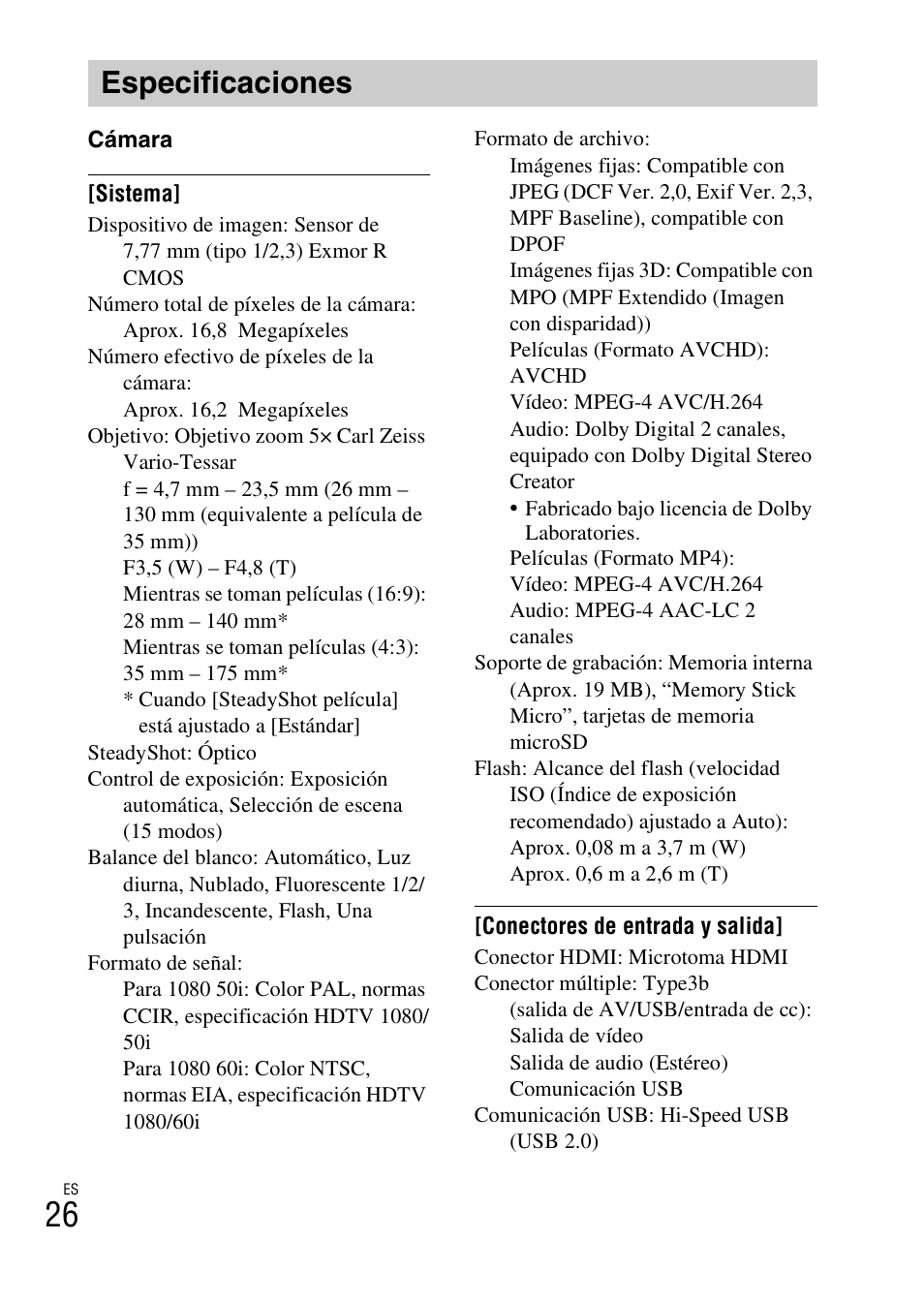 Especificaciones | Sony DSC-TX55 User Manual | Page 54 / 64