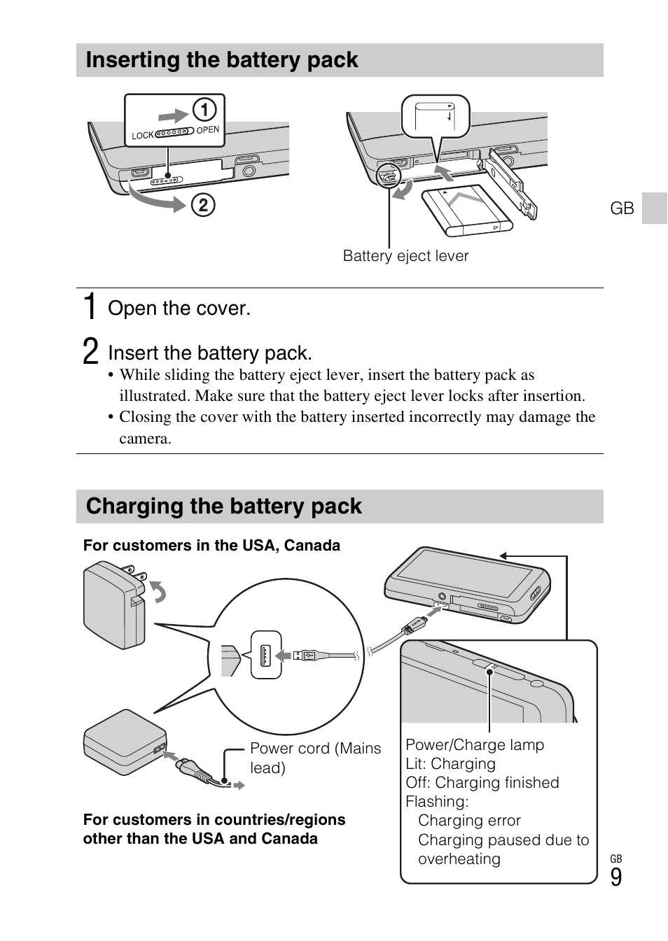 Inserting the battery pack, Charging the battery pack | Sony DSC-TX55 User Manual | Page 9 / 64