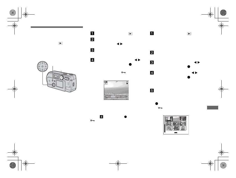 Still image editting, Protecting images, For single images | For index (9 images) screen, Protecting images (protect), For single images for index (9 images) screen | Sony DSC-P31 User Manual | Page 69 / 108