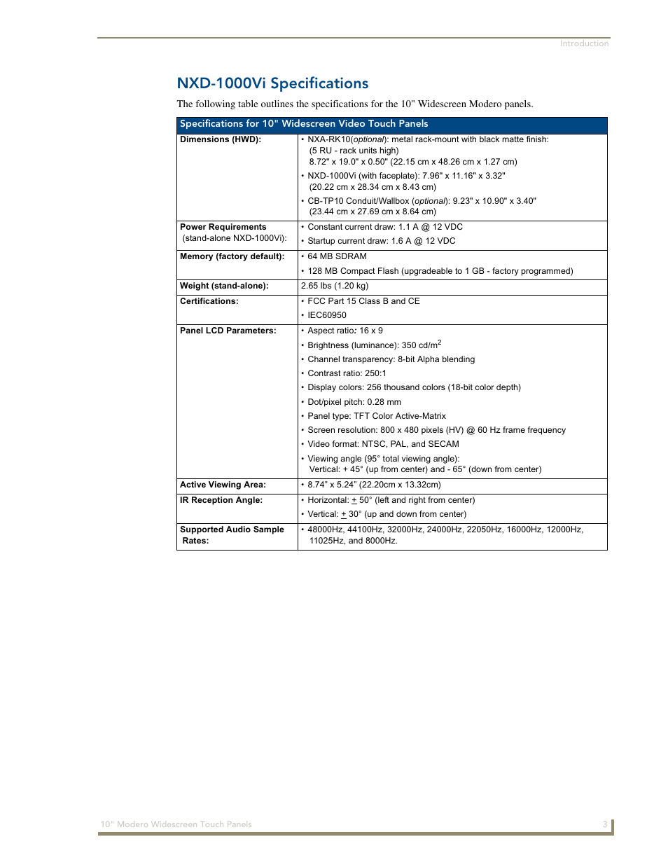 Nxd-1000vi specifications | AMX Modero NXD-1000Vi User Manual | Page 13 / 234
