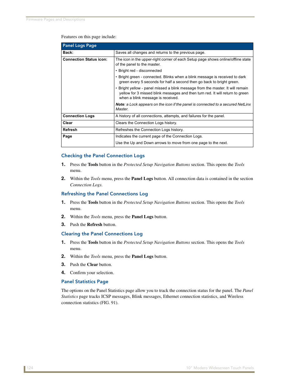 Checking the panel connection logs, Refreshing the panel connections log, Clearing the panel connections log | AMX Modero NXD-1000Vi User Manual | Page 134 / 234