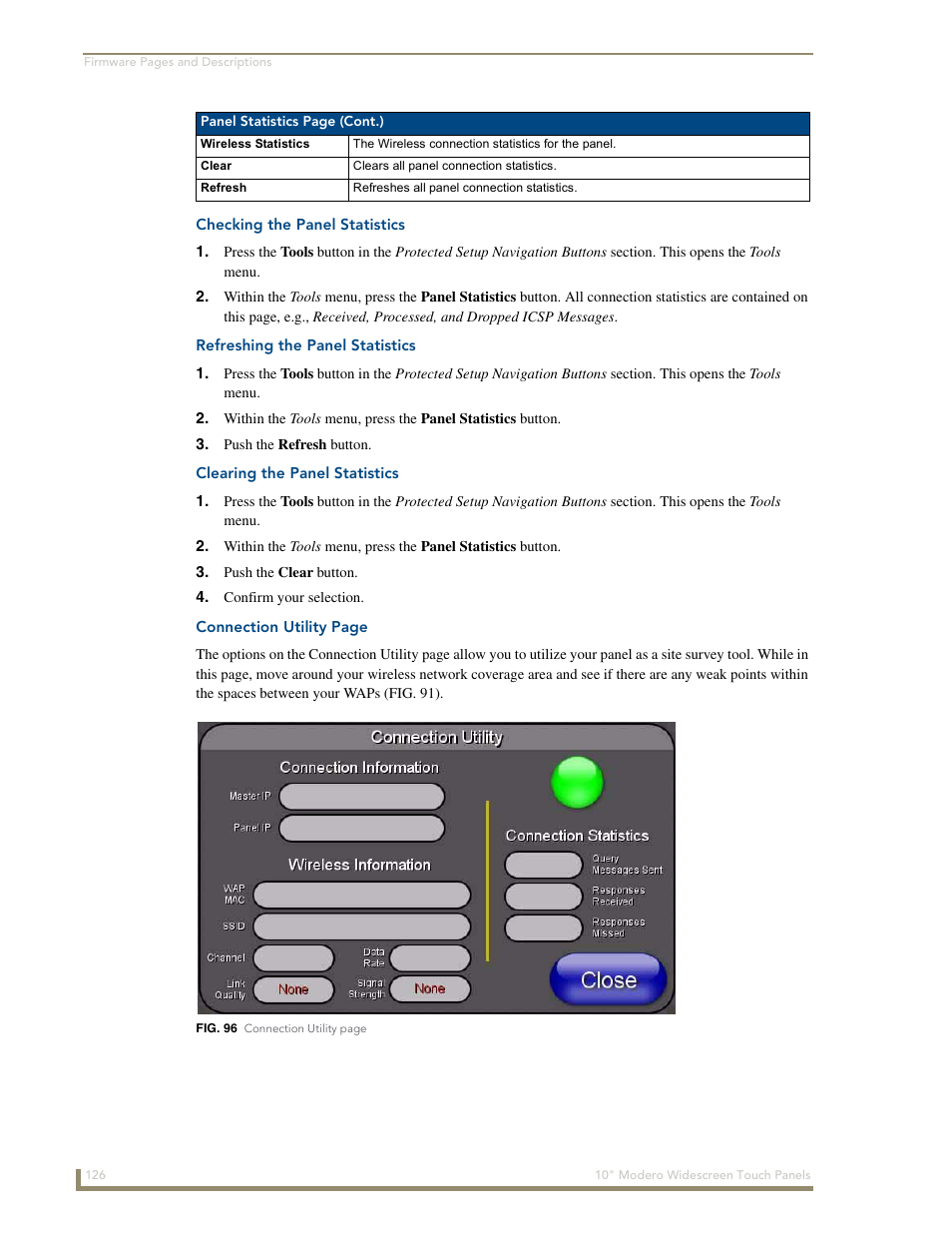 Checking the panel statistics, Refreshing the panel statistics, Clearing the panel statistics | AMX Modero NXD-1000Vi User Manual | Page 136 / 234