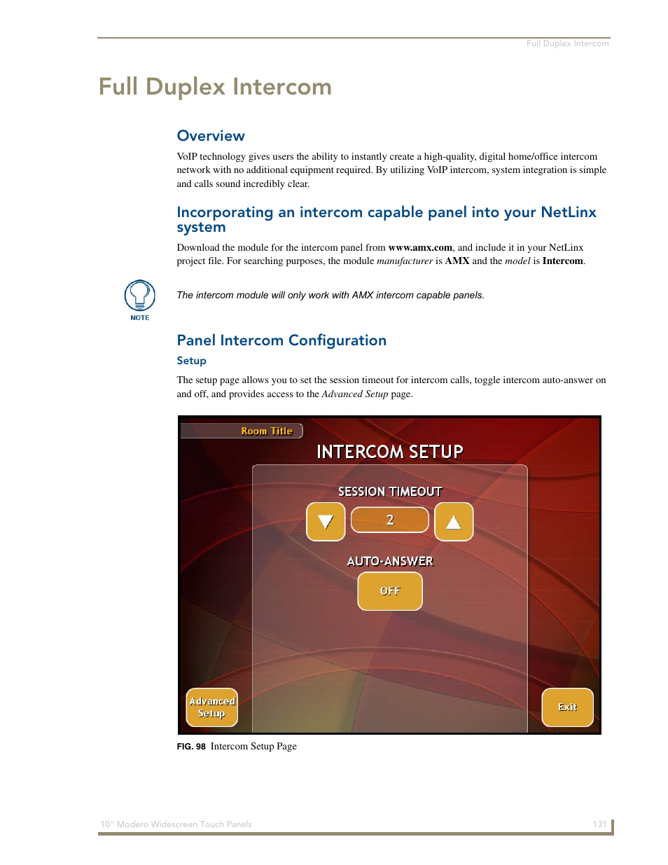 Full duplex intercom, Overview, Panel intercom configuration | Setup, System | AMX Modero NXD-1000Vi User Manual | Page 141 / 234