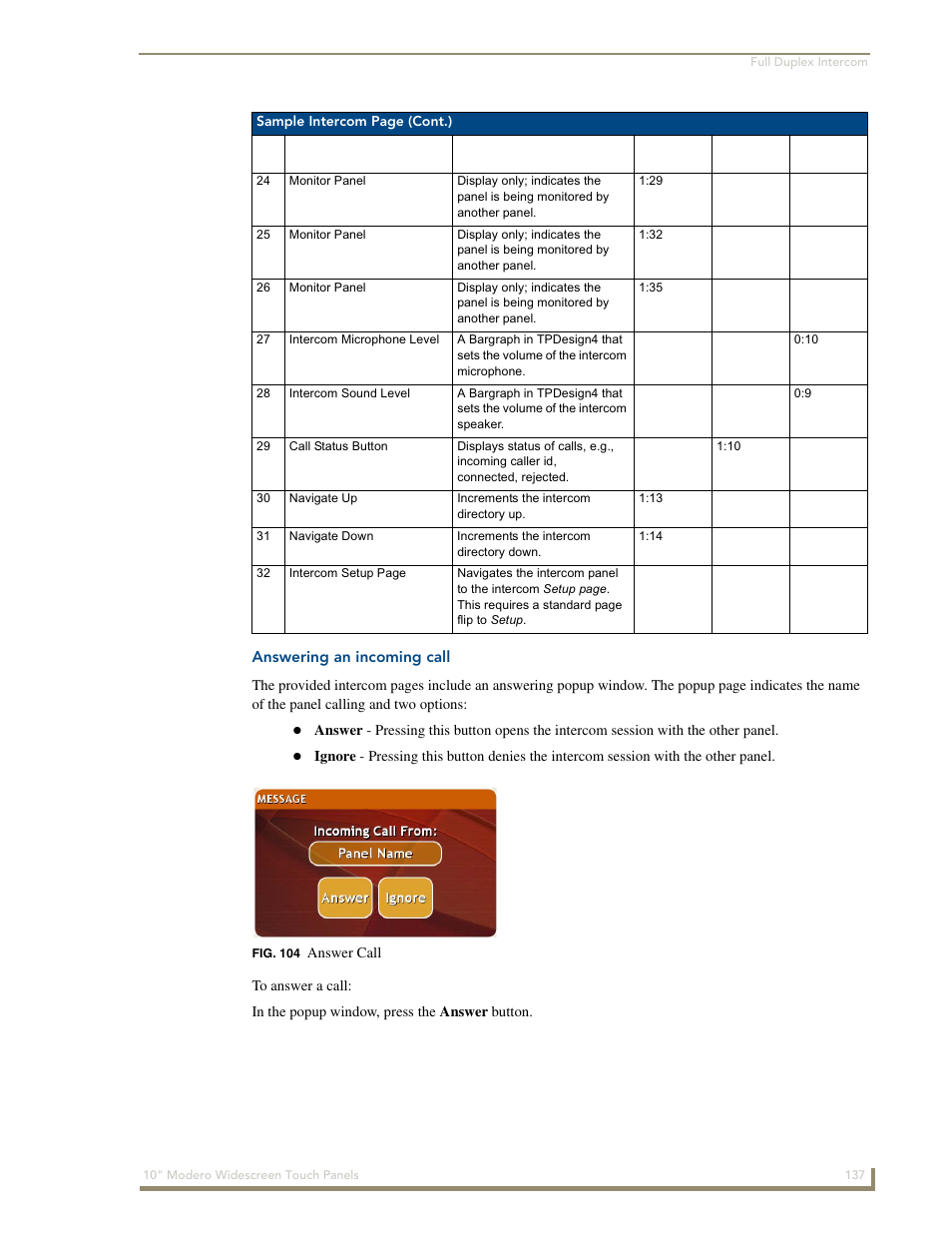 Answering an incoming call | AMX Modero NXD-1000Vi User Manual | Page 147 / 234