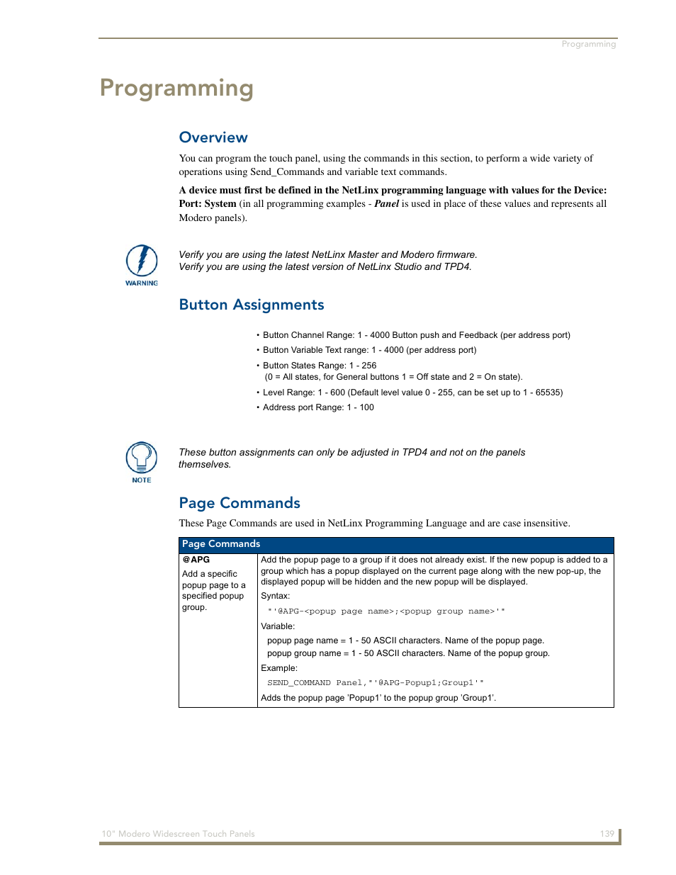Programming, Overview, Button assignments | Button assignments page commands | AMX Modero NXD-1000Vi User Manual | Page 149 / 234