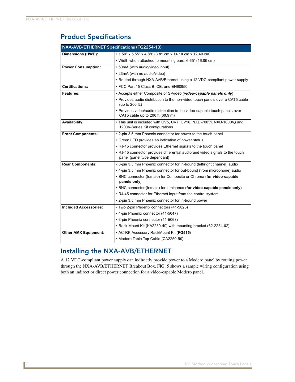 Product specifications, Installing the nxa-avb/ethernet | AMX Modero NXD-1000Vi User Manual | Page 18 / 234