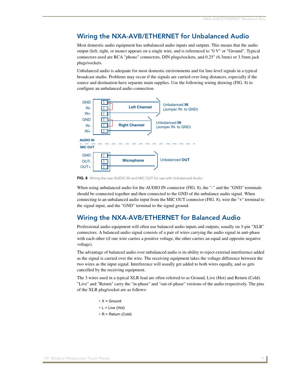 Wiring the nxa-avb/ethernet for unbalanced audio, Wiring the nxa-avb/ethernet for balanced audio | AMX Modero NXD-1000Vi User Manual | Page 21 / 234