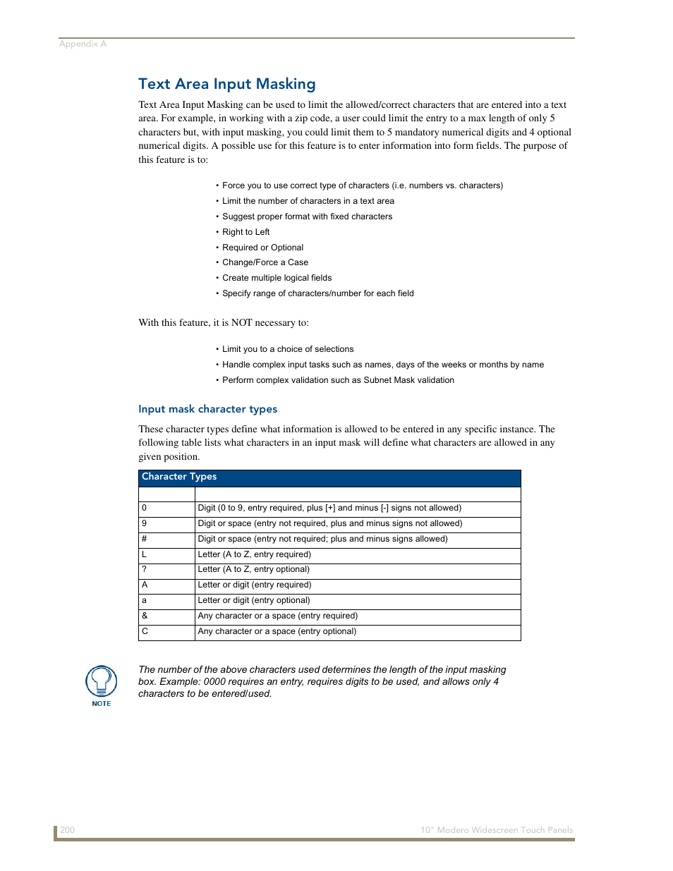 Text area input masking, Input mask character types | AMX Modero NXD-1000Vi User Manual | Page 210 / 234