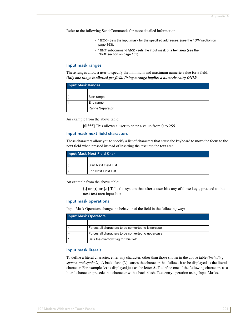 Input mask ranges, Input mask next field characters, Input mask operations | Input mask literals | AMX Modero NXD-1000Vi User Manual | Page 211 / 234