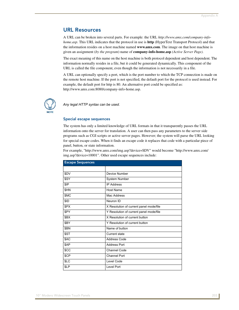 Url resources, Special escape sequences | AMX Modero NXD-1000Vi User Manual | Page 213 / 234