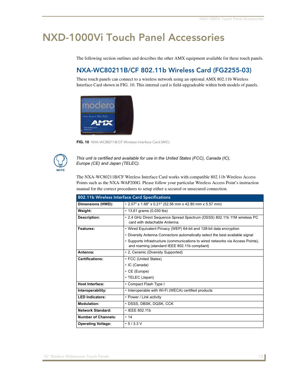 Nxd-1000vi touch panel accessories, Nxa-wc80211b/cf 802.11b wireless card (fg2255-03) | AMX Modero NXD-1000Vi User Manual | Page 23 / 234
