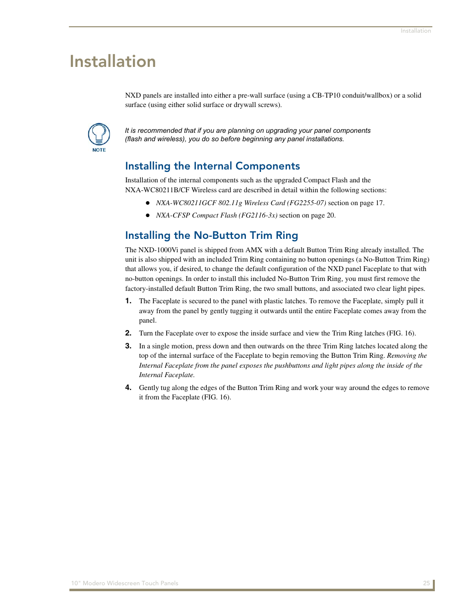 Installation, Installing the internal components, Installing the no-button trim ring | AMX Modero NXD-1000Vi User Manual | Page 35 / 234