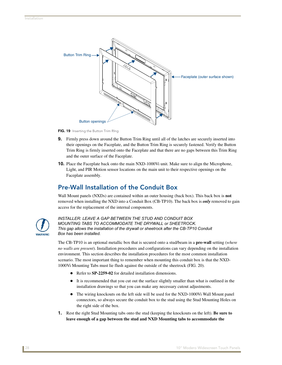 Pre-wall installation of the conduit box | AMX Modero NXD-1000Vi User Manual | Page 38 / 234