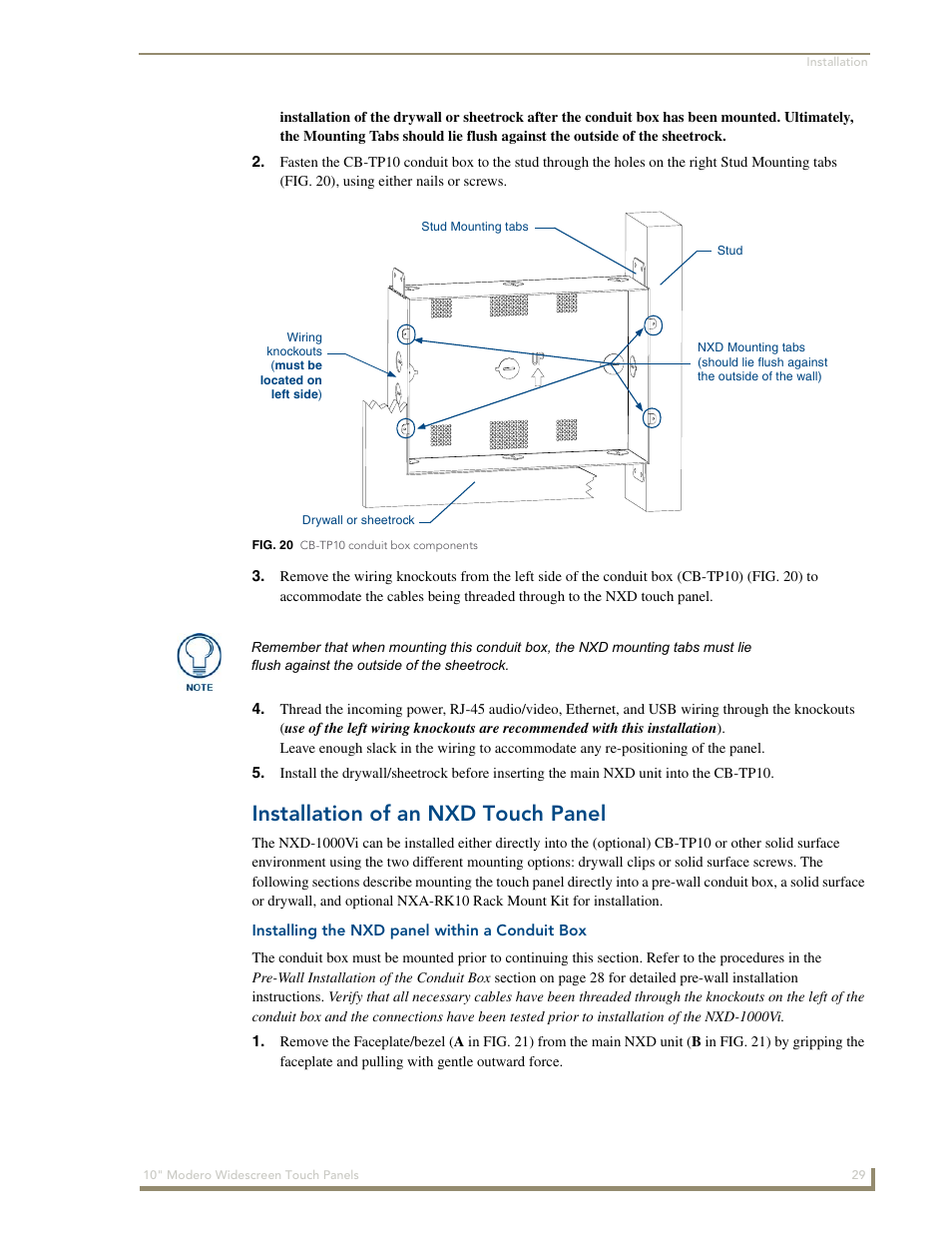 Installation of an nxd touch panel, Installing the nxd panel within a conduit box | AMX Modero NXD-1000Vi User Manual | Page 39 / 234