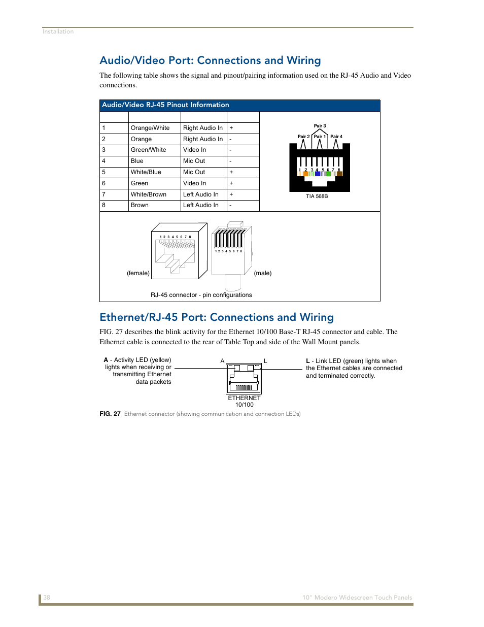 Audio/video port: connections and wiring, Ethernet/rj-45 port: connections and wiring | AMX Modero NXD-1000Vi User Manual | Page 48 / 234