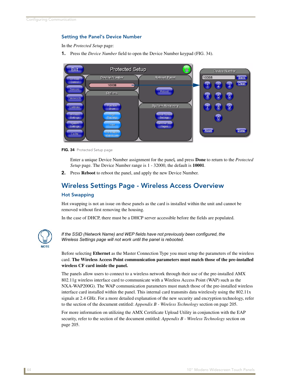 Setting the panel’s device number, Hot swapping, Wireless settings page - wireless access overview | AMX Modero NXD-1000Vi User Manual | Page 54 / 234
