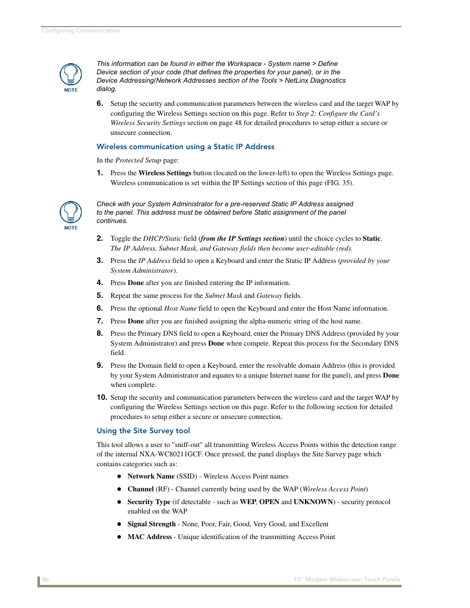 Wireless communication using a static ip address, Using the site survey tool | AMX Modero NXD-1000Vi User Manual | Page 56 / 234