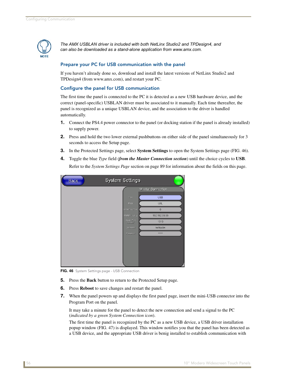 Configure the panel for usb communication | AMX Modero NXD-1000Vi User Manual | Page 66 / 234