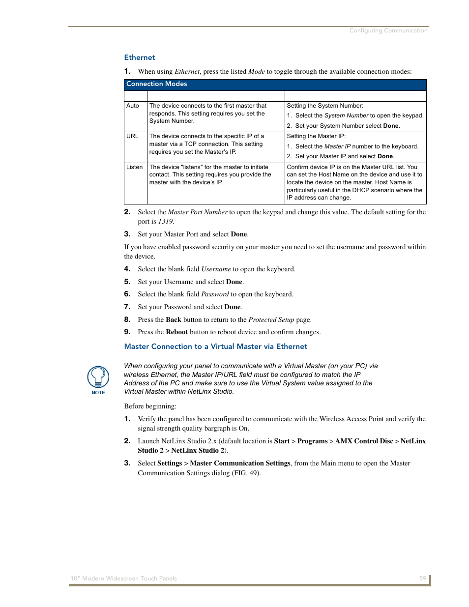 Ethernet, Master connection to a virtual master via ethernet | AMX Modero NXD-1000Vi User Manual | Page 69 / 234