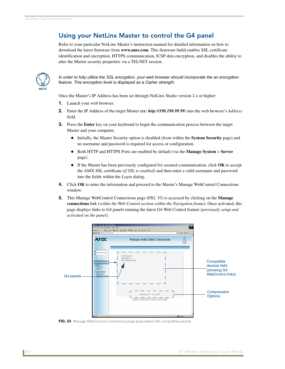 Using your netlinx master to control the g4 panel | AMX Modero NXD-1000Vi User Manual | Page 74 / 234