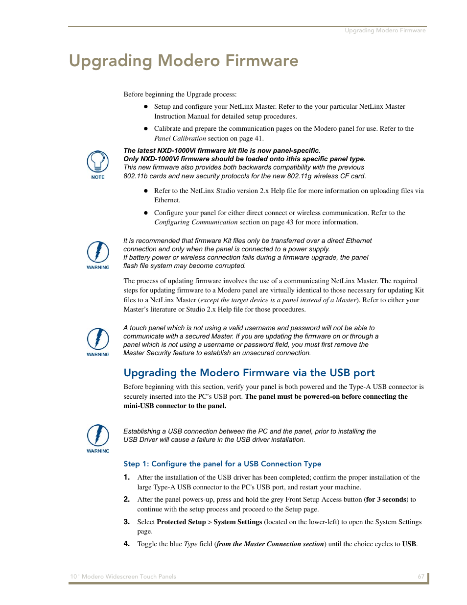 Upgrading modero firmware, Upgrading the modero firmware via the usb port | AMX Modero NXD-1000Vi User Manual | Page 77 / 234