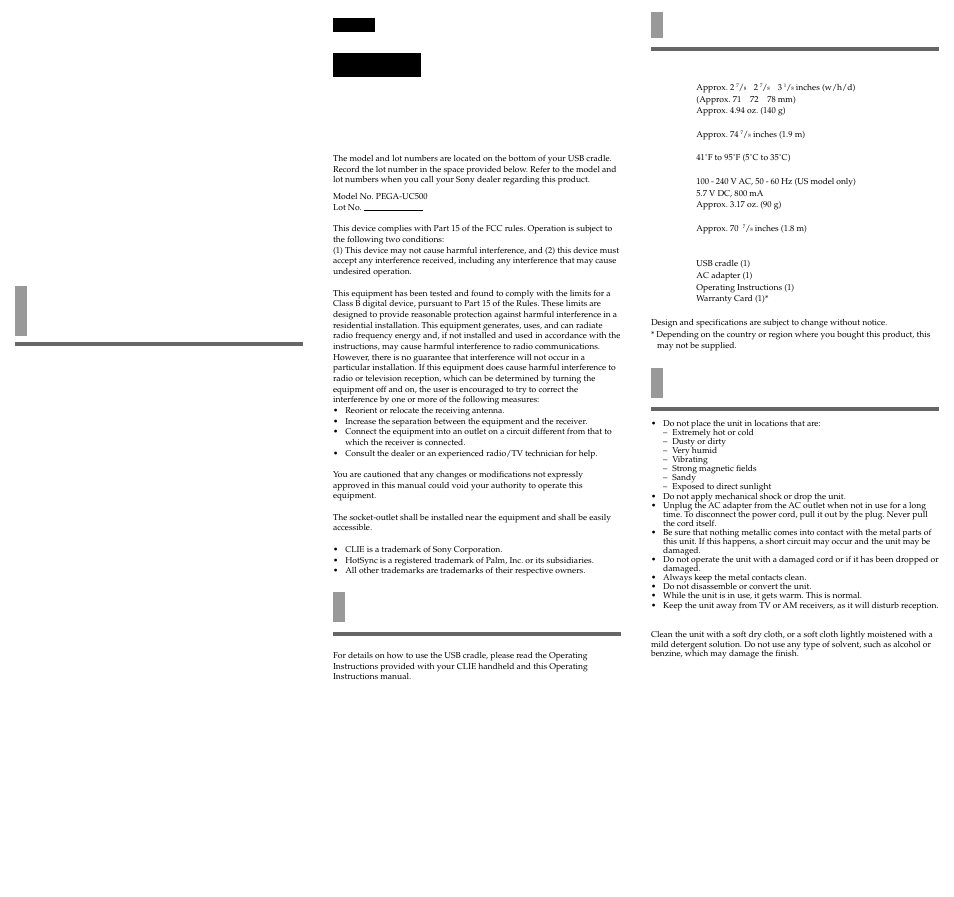 保証書とアフターサービス, Before use, Specifications | アフターサービス, Warning | Sony PEGA-UC500 User Manual | Page 2 / 2