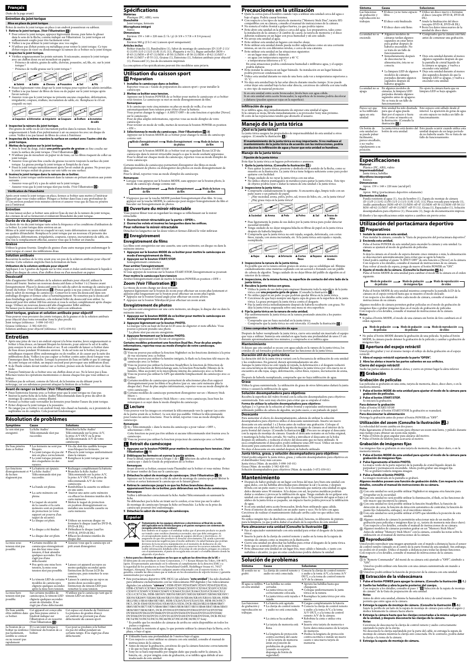 Entretien, Résolution de problèmes, Spécifications | Utilisation du caisson sport, Precauciones en la utilización, Manejo de la junta tórica, Mantenimiento, Solución de problemas, Especificaciones, Utilización del portacámara deportivo | Sony SPK-HCG User Manual | Page 2 / 2