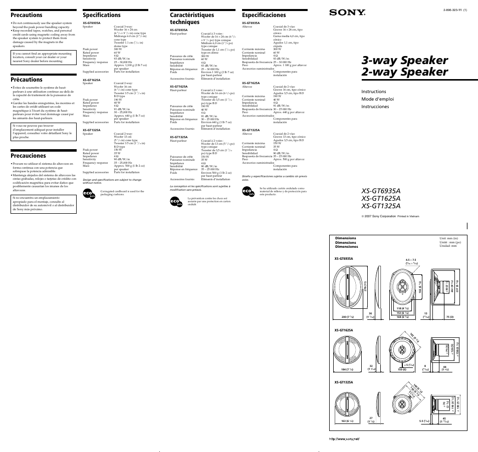 Sony XS-GT1625A User Manual | 2 pages