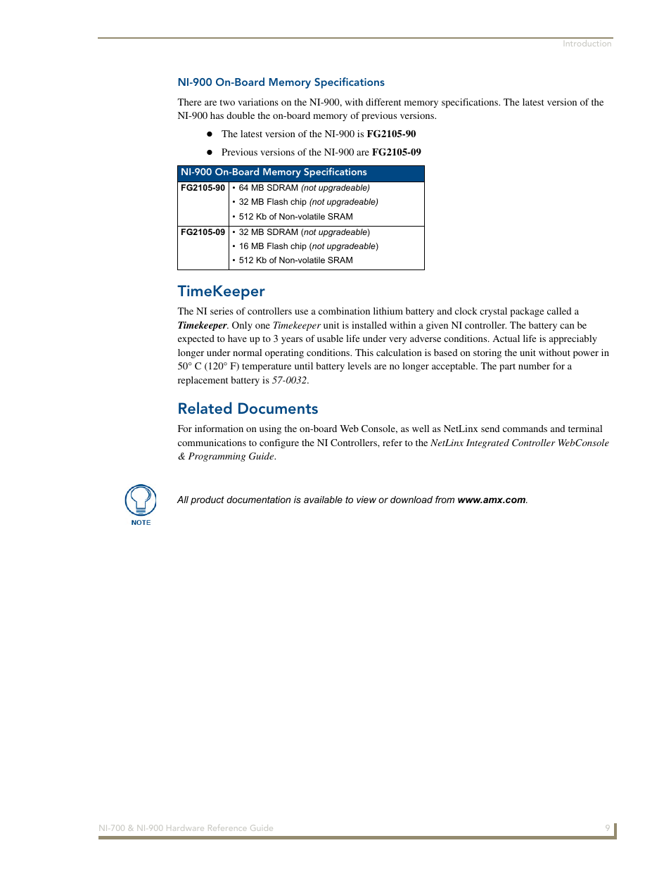 Ni-900 on-board memory specifications, Timekeeper, Related documents | AMX NetLinx Integrated Controllers NI-700/900 User Manual | Page 13 / 30