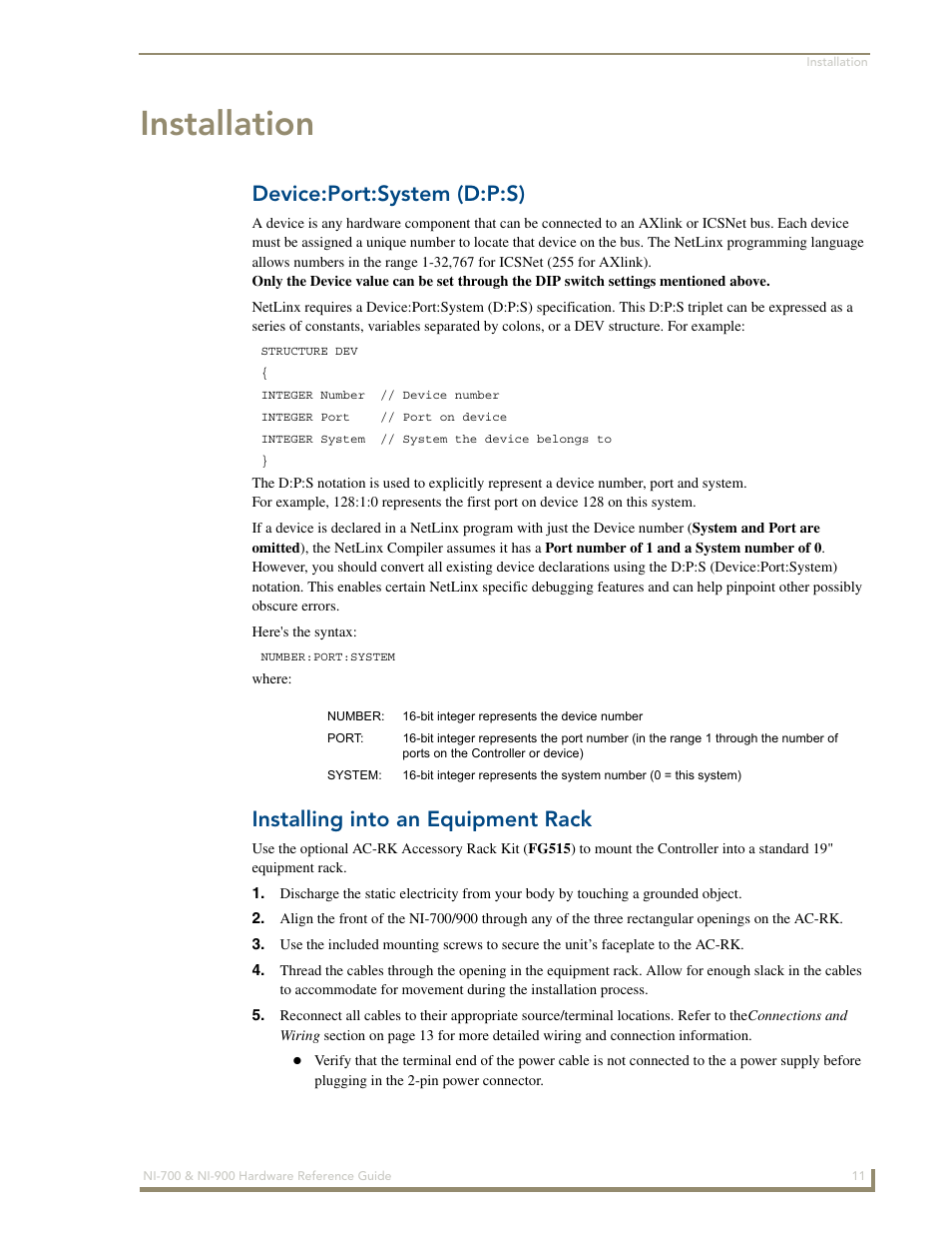 Installation, Device:port:system (d:p:s), Installing into an equipment rack | AMX NetLinx Integrated Controllers NI-700/900 User Manual | Page 15 / 30