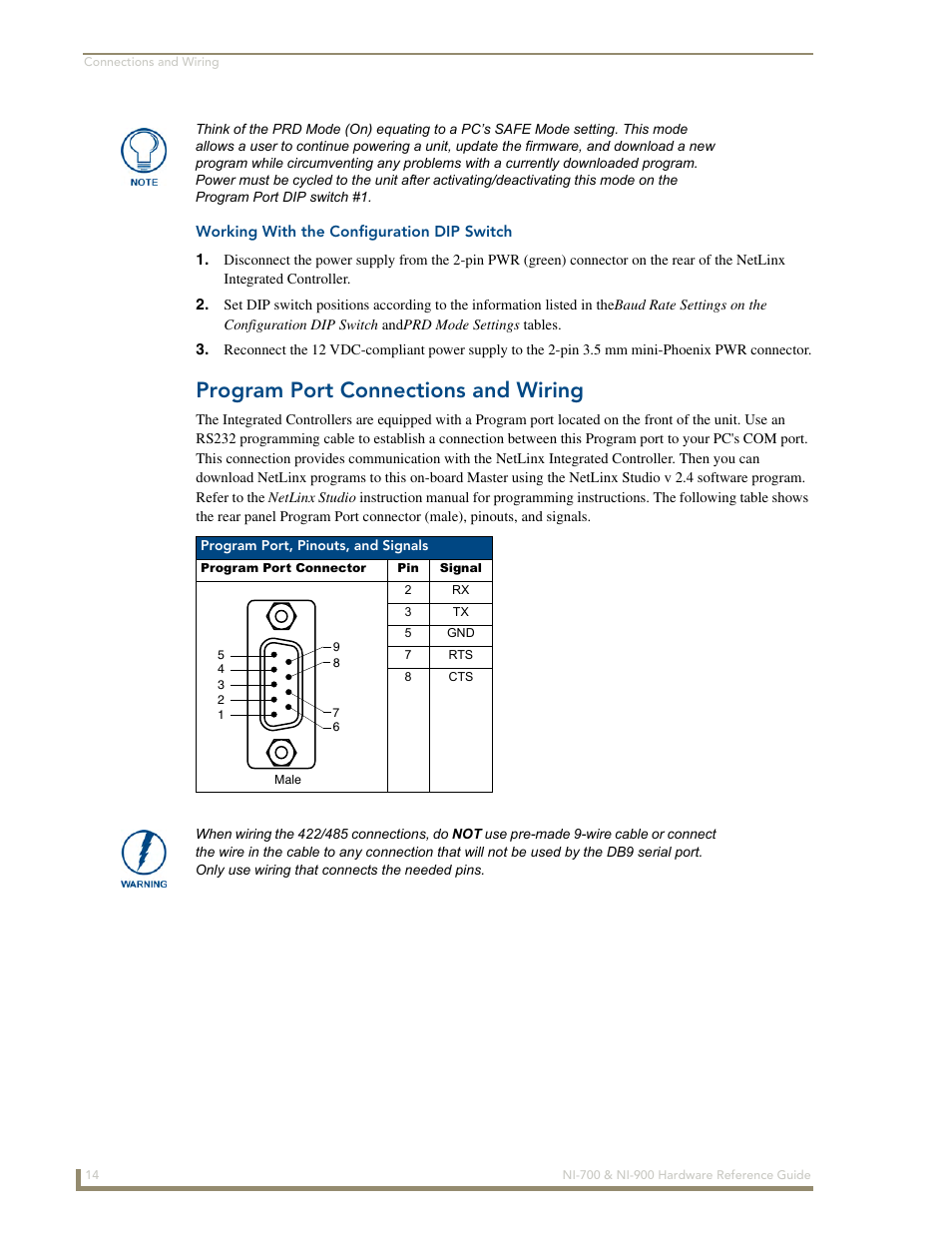 Working with the configuration dip switch, Program port connections and wiring | AMX NetLinx Integrated Controllers NI-700/900 User Manual | Page 18 / 30