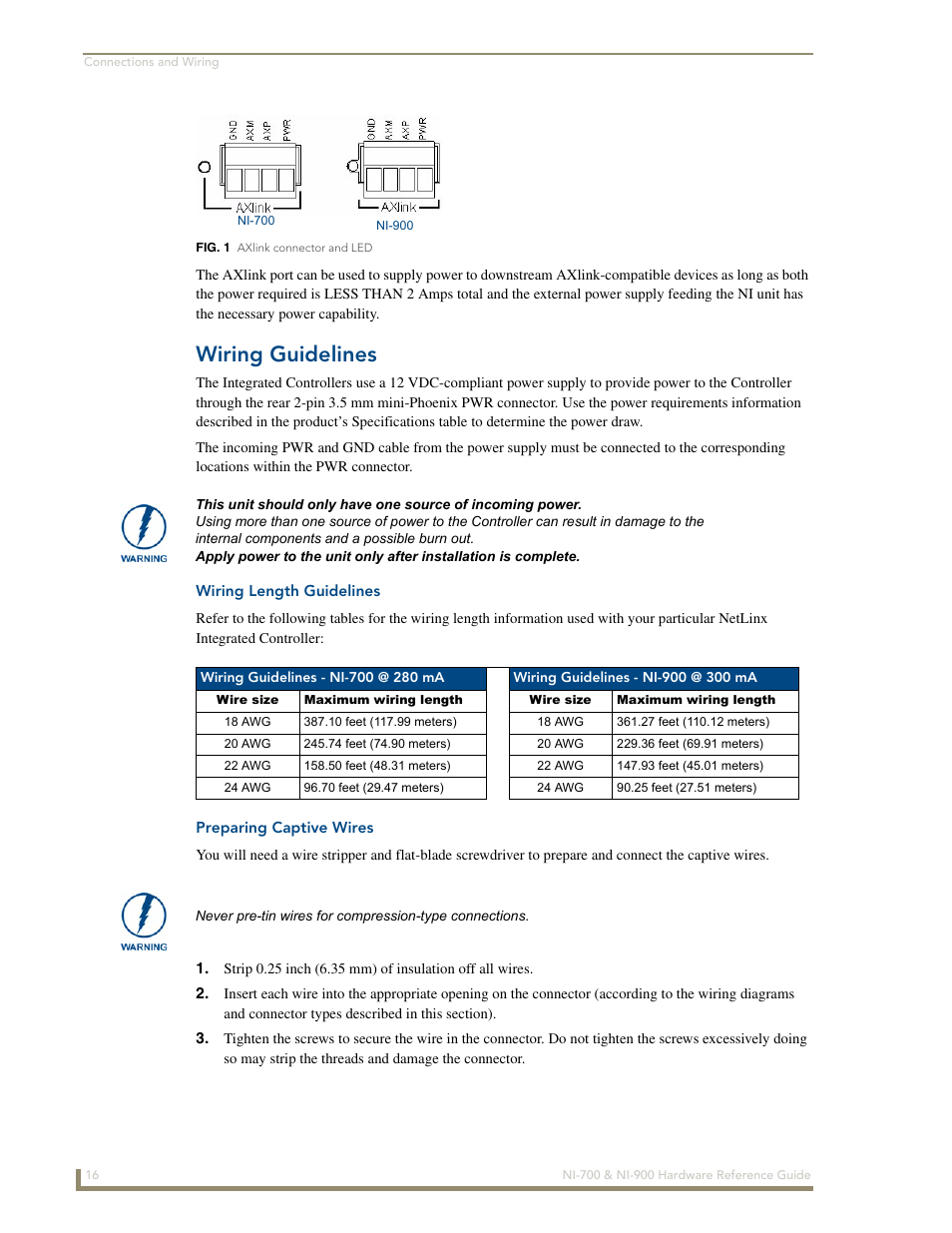 Wiring guidelines, Wiring length guidelines, Preparing captive wires | AMX NetLinx Integrated Controllers NI-700/900 User Manual | Page 20 / 30