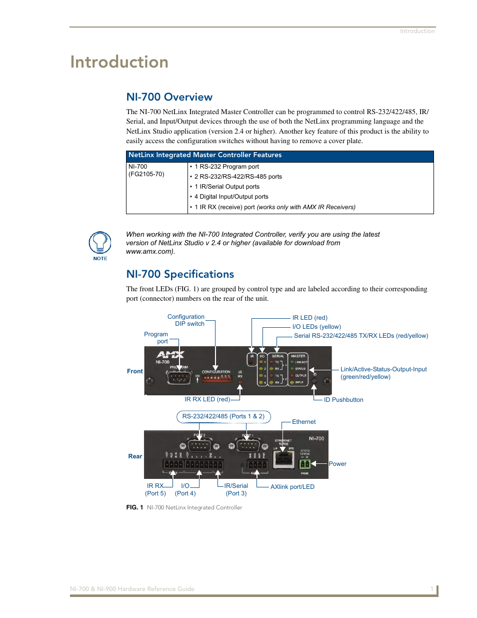 Introduction, Ni-700 overview, Ni-700 specifications | AMX NetLinx Integrated Controllers NI-700/900 User Manual | Page 5 / 30