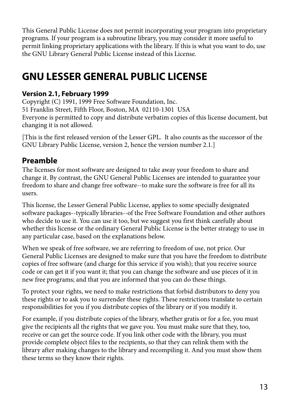 Gnu lesser general public license | Sony COM-2BLACK User Manual | Page 13 / 24