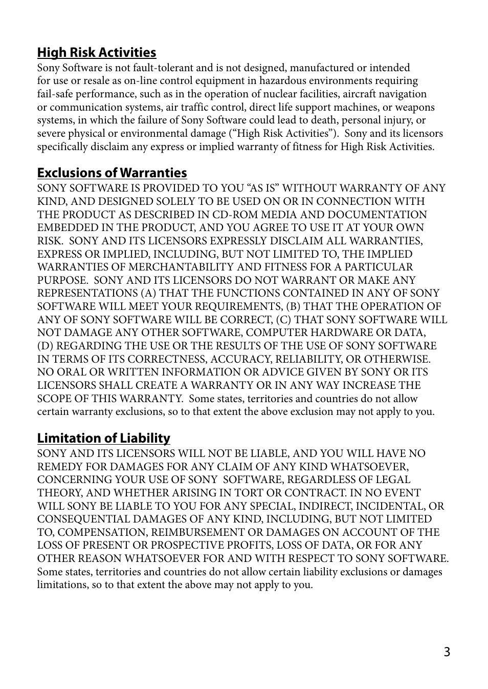 Exclusions of warranties, Limitation of liability | Sony COM-2BLACK User Manual | Page 3 / 24