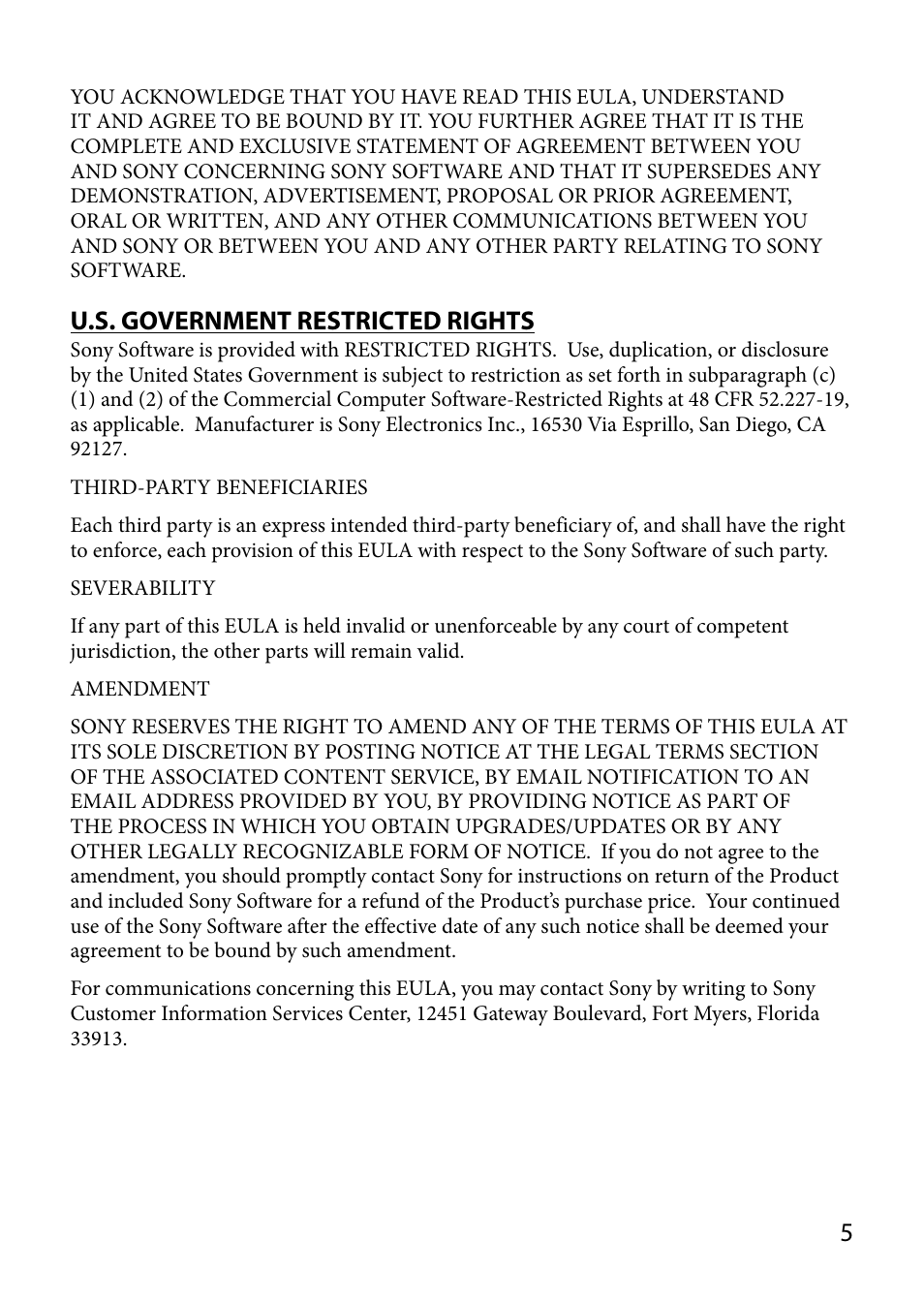 U.s. government restricted rights | Sony COM-2BLACK User Manual | Page 5 / 24