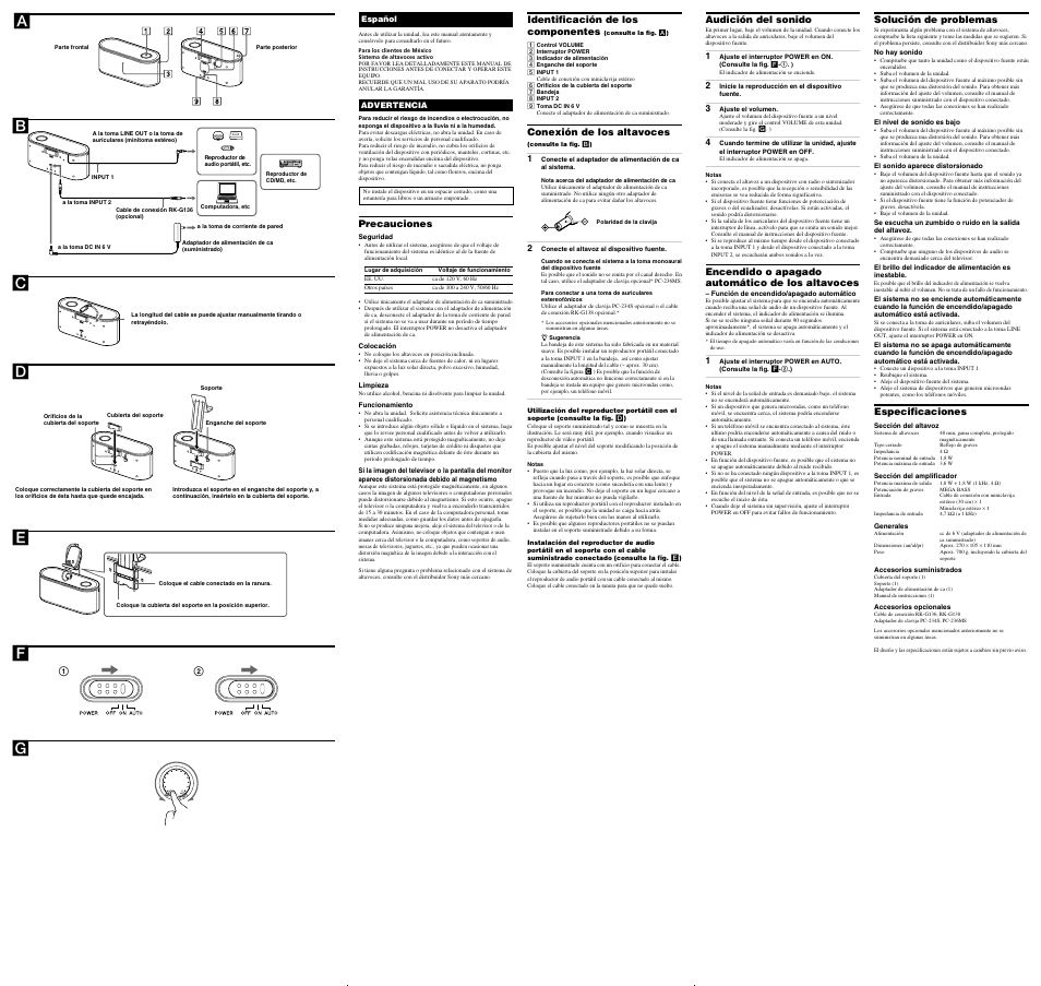 Db a, Precauciones, Identificación de los componentes | Conexión de los altavoces, Audición del sonido, Encendido o apagado automático de los altavoces, Solución de problemas, Especificaciones | Sony SRS-U10 User Manual | Page 2 / 2