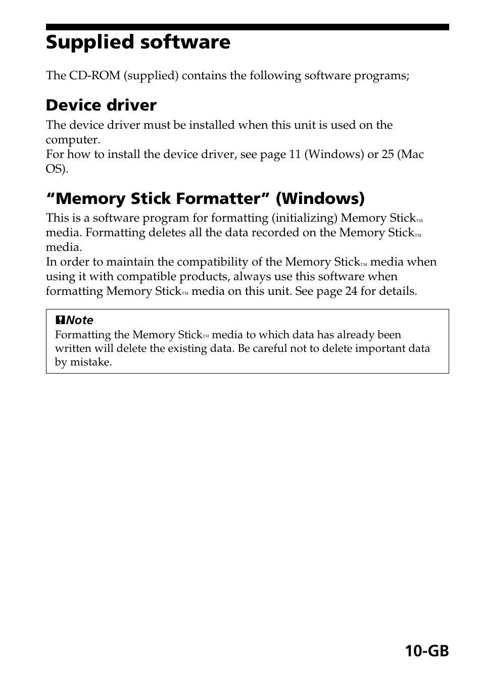 Supplied software, Device driver | Sony MSAC-EX1 User Manual | Page 10 / 34