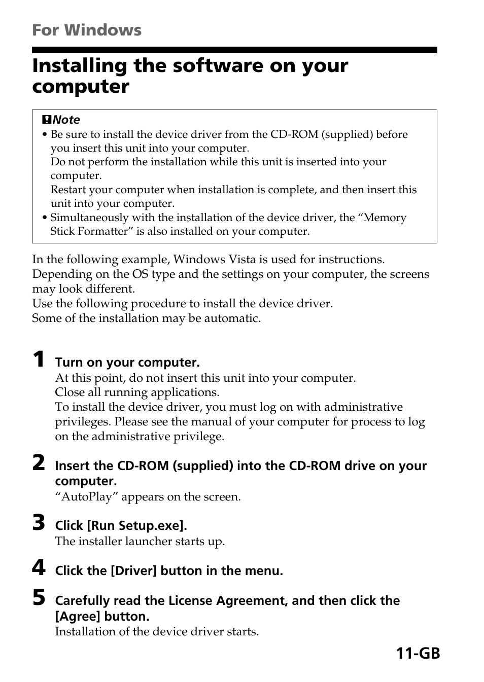 Installing the software on your computer | Sony MSAC-EX1 User Manual | Page 11 / 34