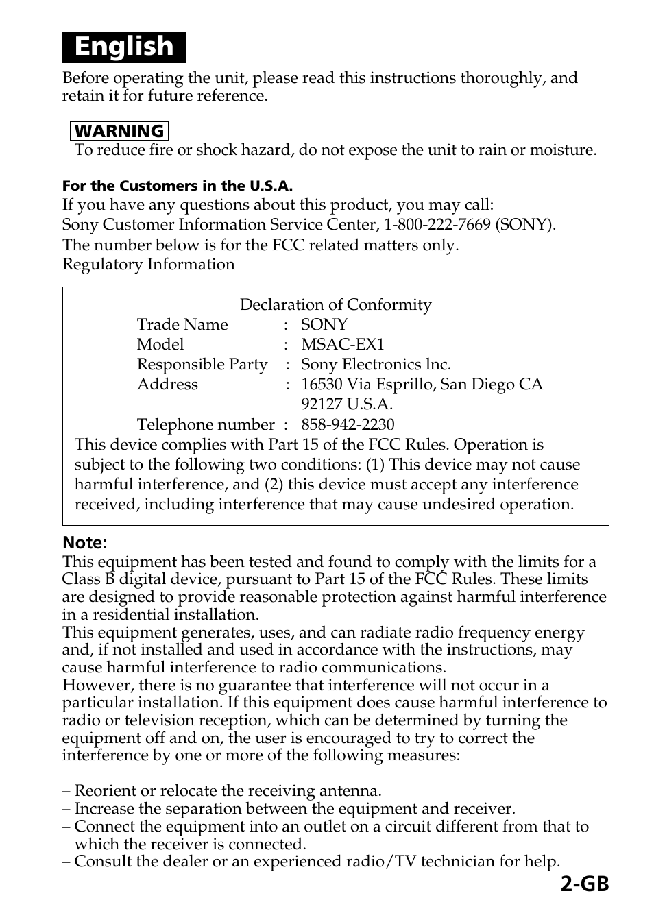 English | Sony MSAC-EX1 User Manual | Page 2 / 34