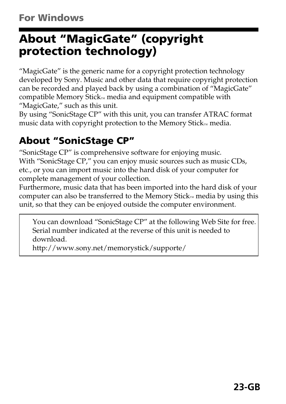 About “sonicstage cp, For windows | Sony MSAC-EX1 User Manual | Page 23 / 34