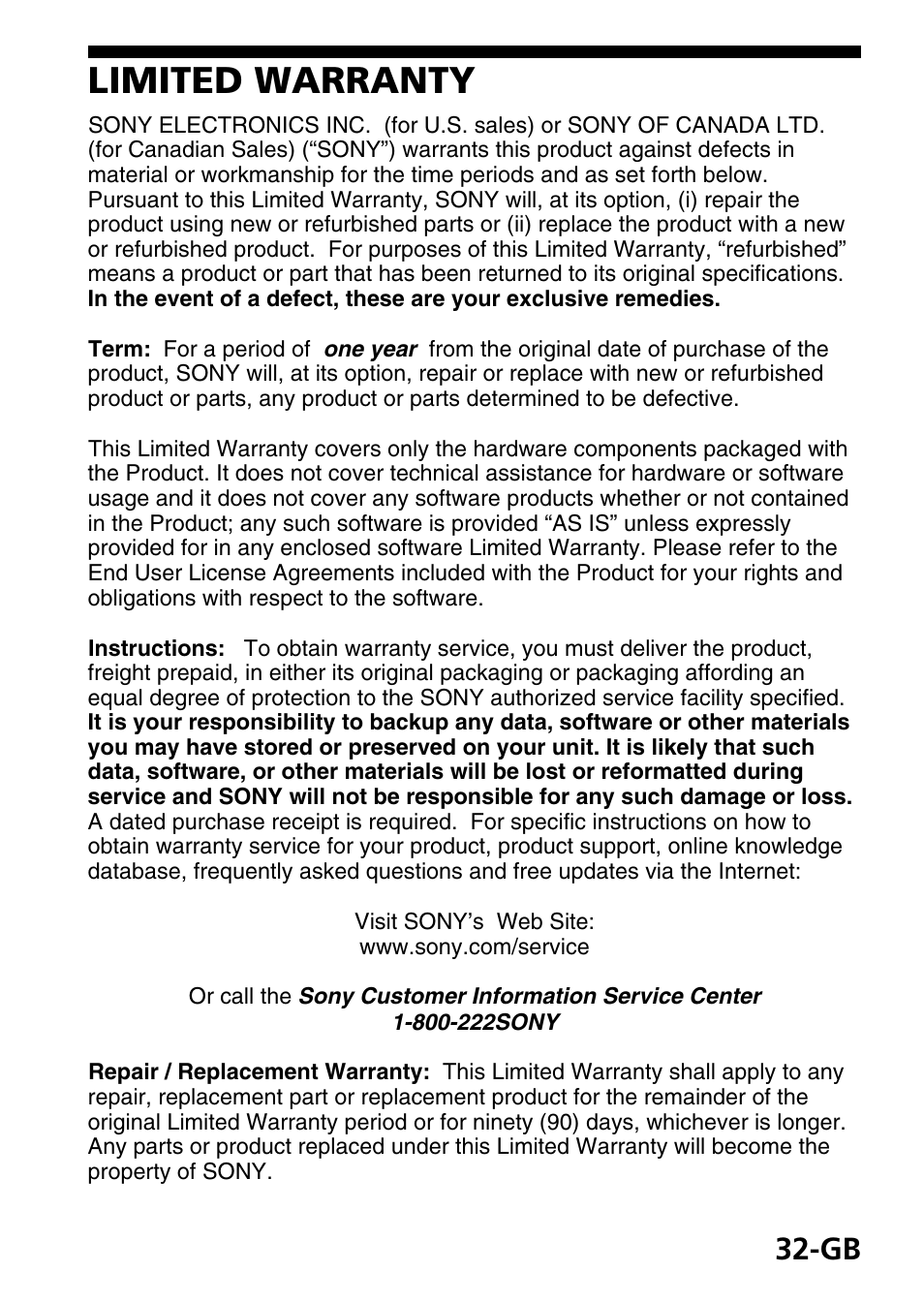 Limited warranty | Sony MSAC-EX1 User Manual | Page 32 / 34