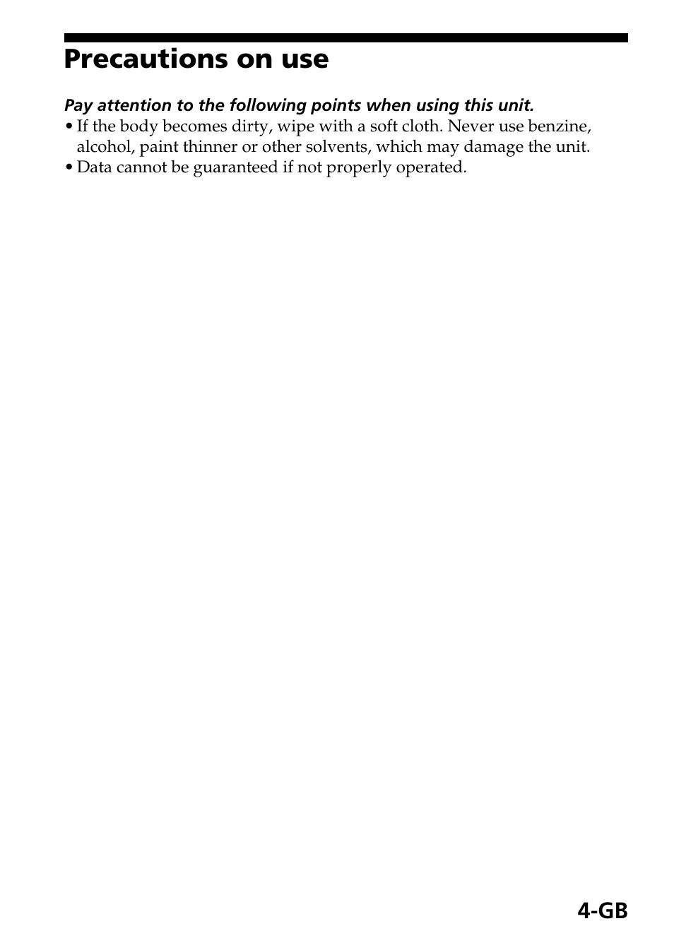 Precautions on use | Sony MSAC-EX1 User Manual | Page 4 / 34