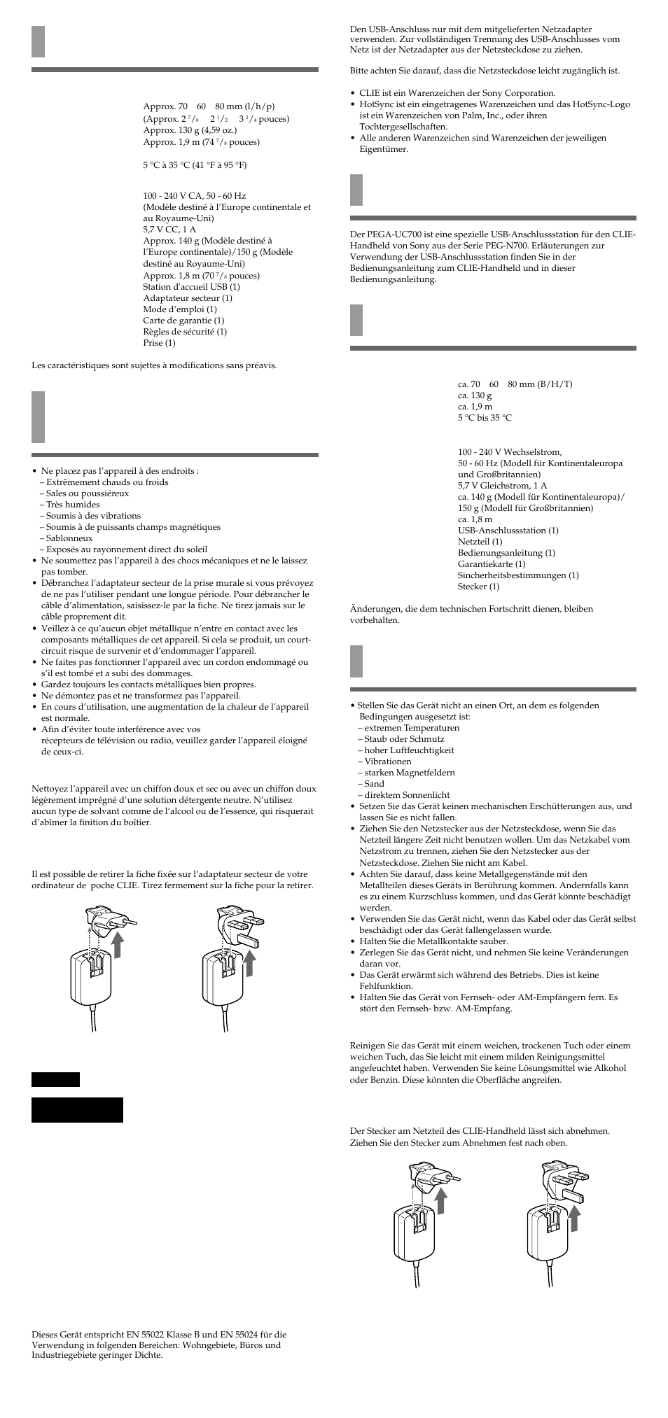 Vorbereitungen, Technische daten, Hinweise zur verwendung | Spécifications, Remarques concernant l’utilisation, Achtung, Abnehmen des steckers, Pour retirer la fiche | Sony PEGA-UC700 User Manual | Page 2 / 2