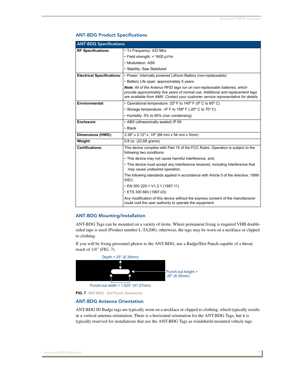 Ant-bdg product specifications, Ant-bdg mounting/installation, Ant-bdg antenna orientation | AMX Control System Accessories Anterus User Manual | Page 11 / 38