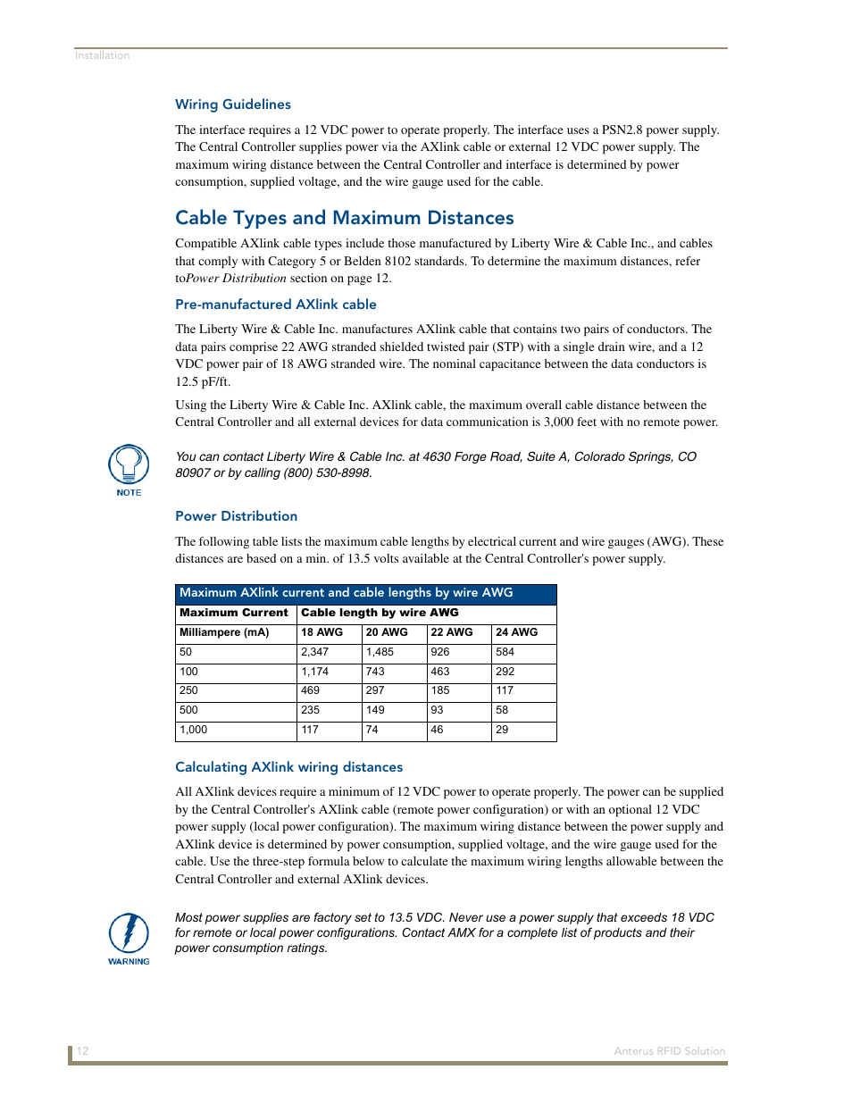 Wiring guidelines, Cable types and maximum distances, Pre-manufactured axlink cable | Power distribution, Calculating axlink wiring distances | AMX Control System Accessories Anterus User Manual | Page 16 / 38