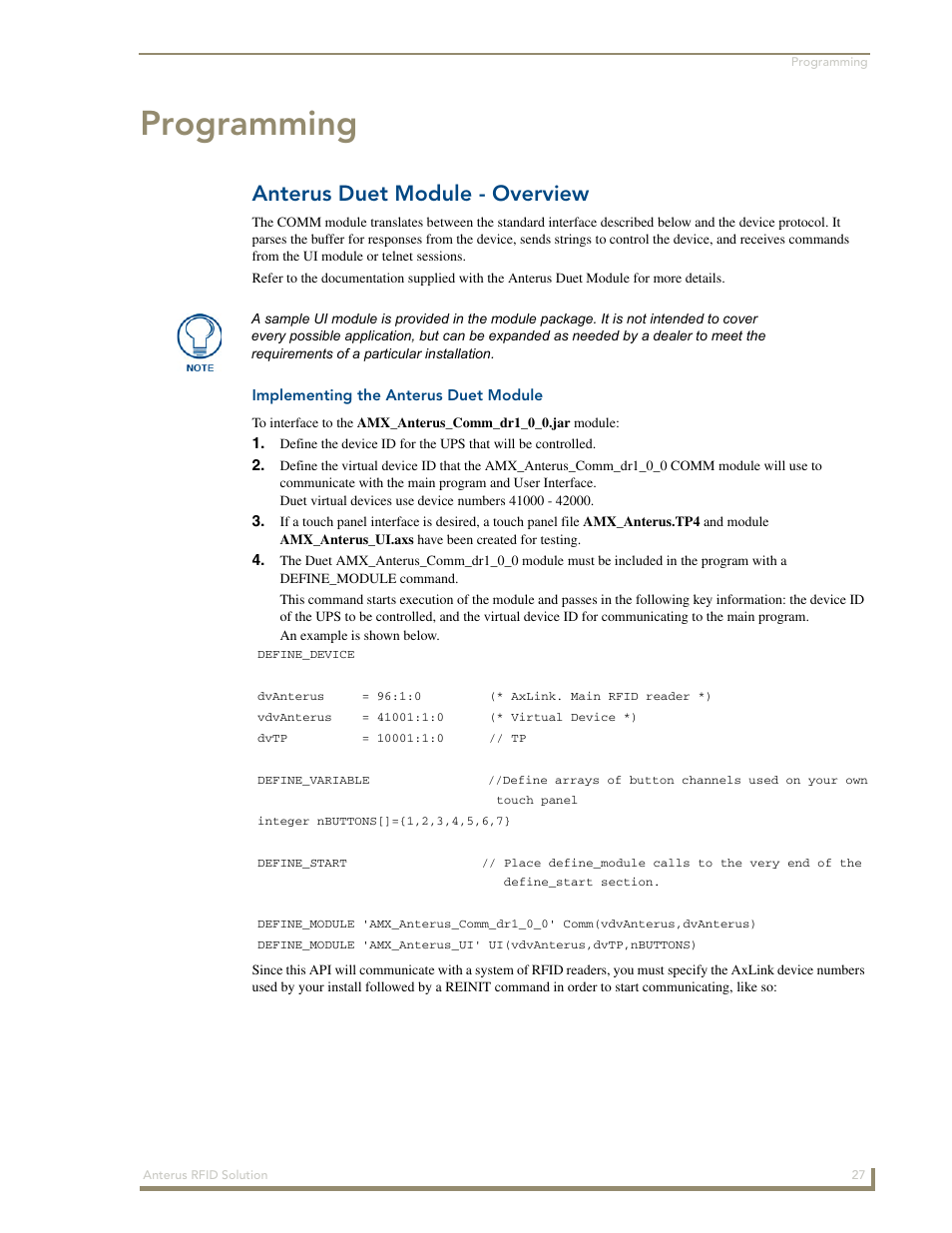 Programming, Anterus duet module - overview, Implementing the anterus duet module | AMX Control System Accessories Anterus User Manual | Page 31 / 38