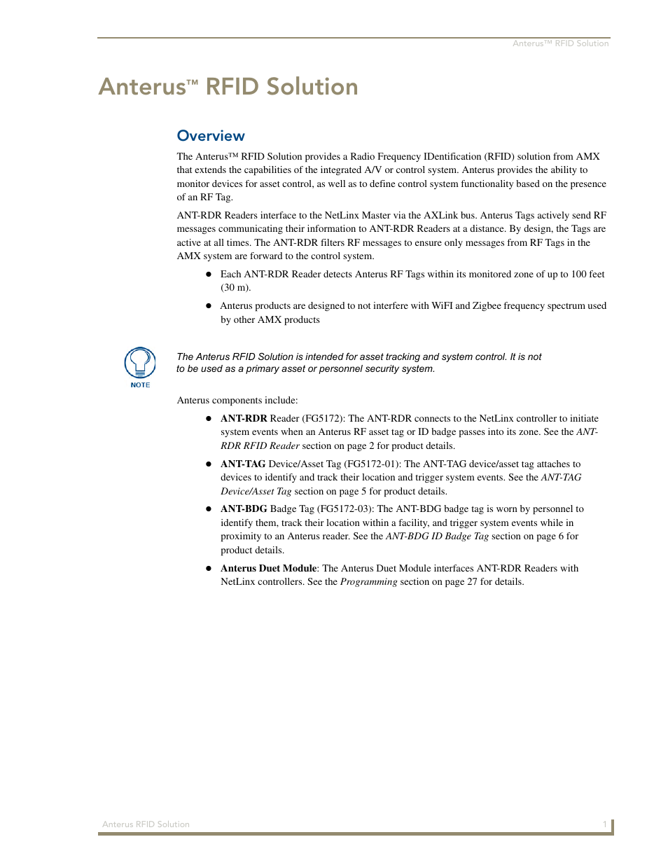 Anterus™ rfid solution, Overview, Anterus | Rfid solution | AMX Control System Accessories Anterus User Manual | Page 5 / 38